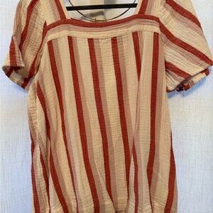 Madewell Red and Cream Relaxed Smocked Blouse